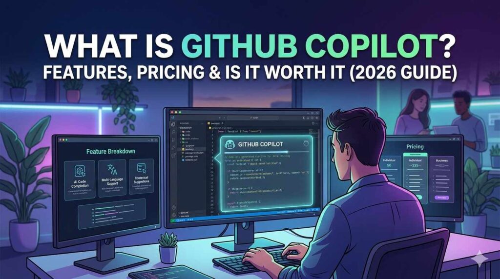 A modern graphic illustration showing a developer using GitHub Copilot to generate code in an IDE. Text in the image reads: "WHAT IS GITHUB COPILOT? FEATURES, PRICING & IS IT WORTH IT (2026 GUIDE)".