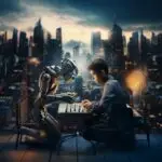 A humanoid robot and a young boy playing chess on a rooftop with a futuristic city skyline in the background, symbolizing human-AI collaboration.