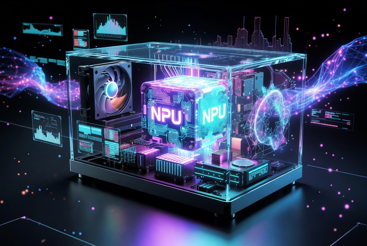 Modern AI-powered laptop displaying futuristic artificial intelligence computing features