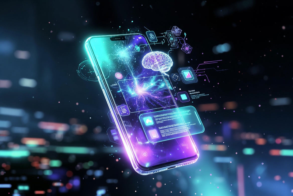 Modern AI smartphone showing smart assistant, AI camera, and futuristic mobile technology features
