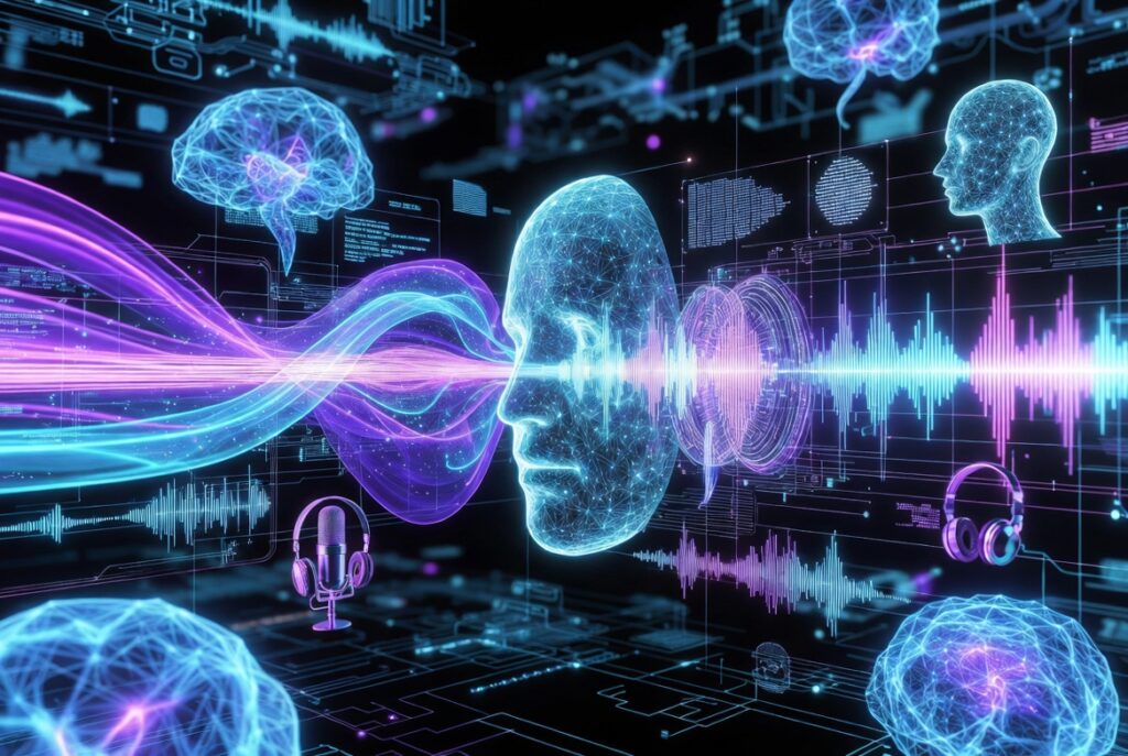 Futuristic AI voice assistant generating realistic digital speech and audio waveforms