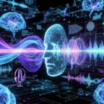 Futuristic AI voice assistant generating realistic digital speech and audio waveforms
