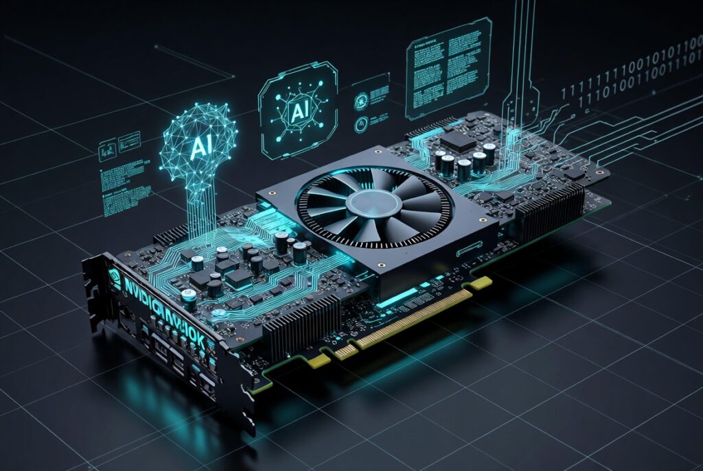 High-performance GPU with glowing neural network connections, representing AI infrastructure and large-scale model training