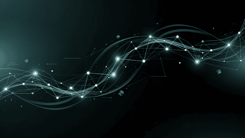 Abstract 16:9 digital artwork showing glowing interconnected nodes and flowing teal-blue data streams on a dark background, representing a neural network and artificial intelligence. Designed as a clean tech banner with no text or logos.