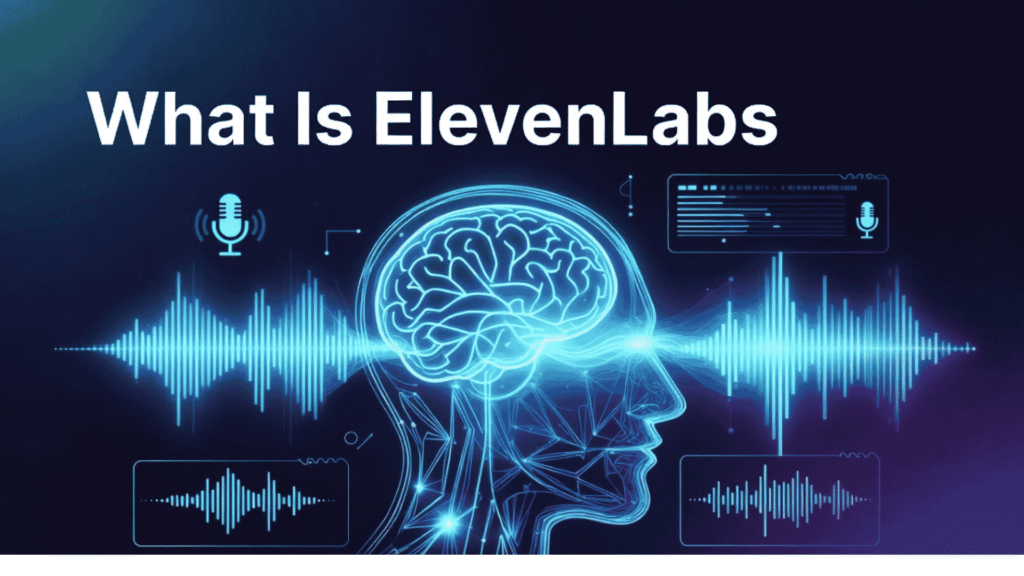 Illustration explaining what is ElevenLabs, showing AI voice synthesis technology with neural networks, sound waves, and digital audio elements in a modern futuristic style.