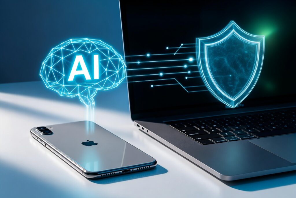 Illustration of Apple AI privacy rules showing secure data sharing, artificial intelligence technology, and user data protection.