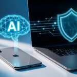 Illustration of Apple AI privacy rules showing secure data sharing, artificial intelligence technology, and user data protection.