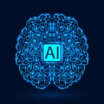 Artificial intelligence brain with glowing app icons across the world map