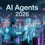 "AI Agents 2026 futuristic concept with advanced robots and holograms"
