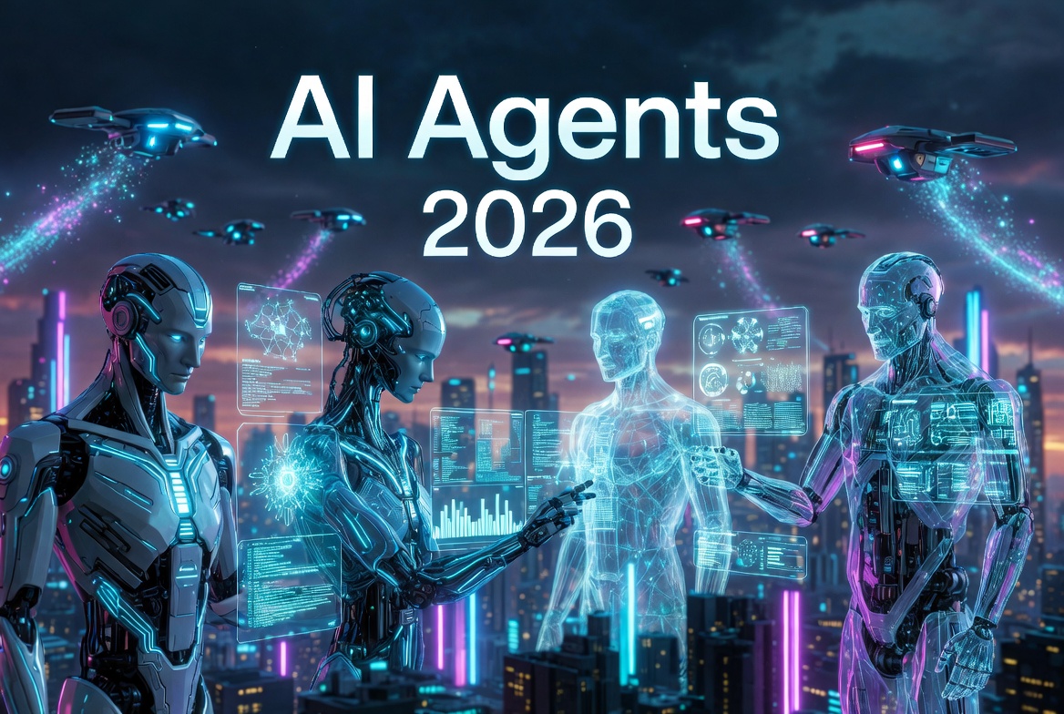 "AI Agents 2026 futuristic concept with advanced robots and holograms"