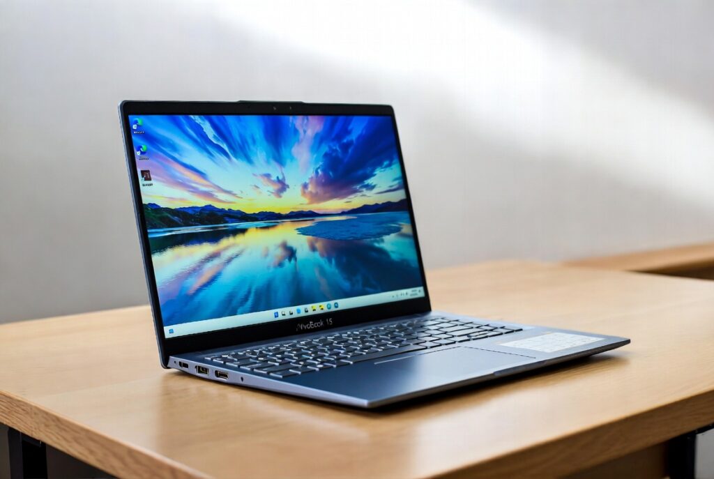 ASUS VivoBook 15 15.6-inch laptop in sleek Quiet Blue finish, open on a wooden desk with vibrant Windows 11 wallpaper, modern slim design.
