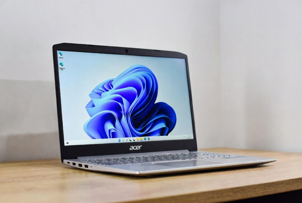 Acer Aspire 3 15.6-inch laptop open on a wooden desk, displaying Windows 11 blue wallpaper, silver chassis with slim design.