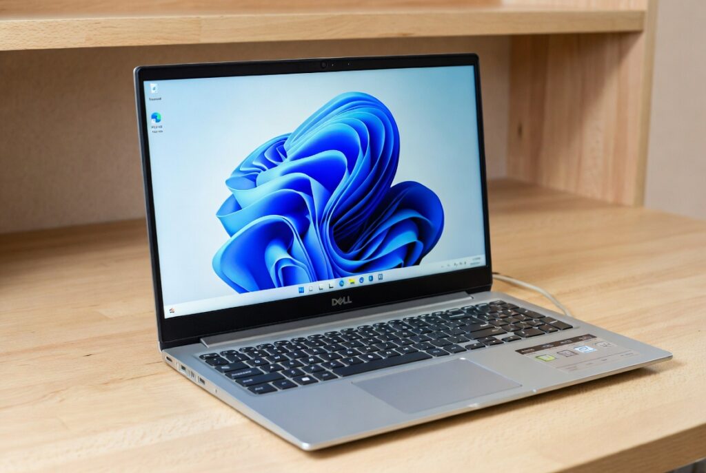 Dell Inspiron 15 15.6-inch laptop in Platinum Silver finish, open on a wooden desk with vibrant Windows 11 wallpaper, slim and modern design.