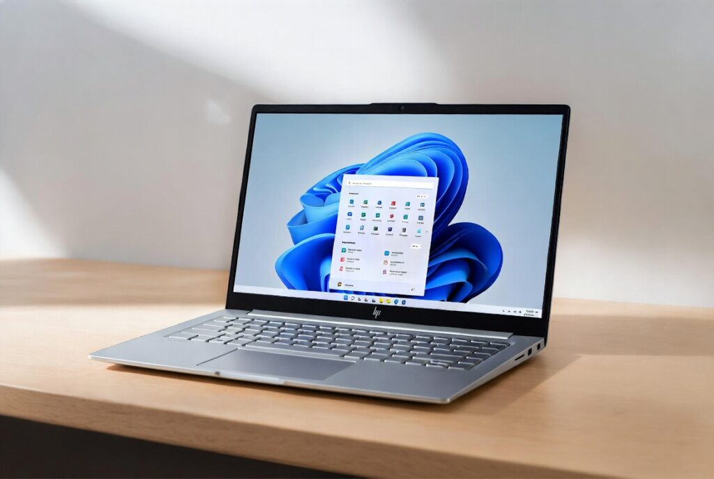 HP 15 15.6-inch laptop in Natural Silver finish, open on a wooden desk displaying colorful Windows 11 wallpaper, slim modern design.