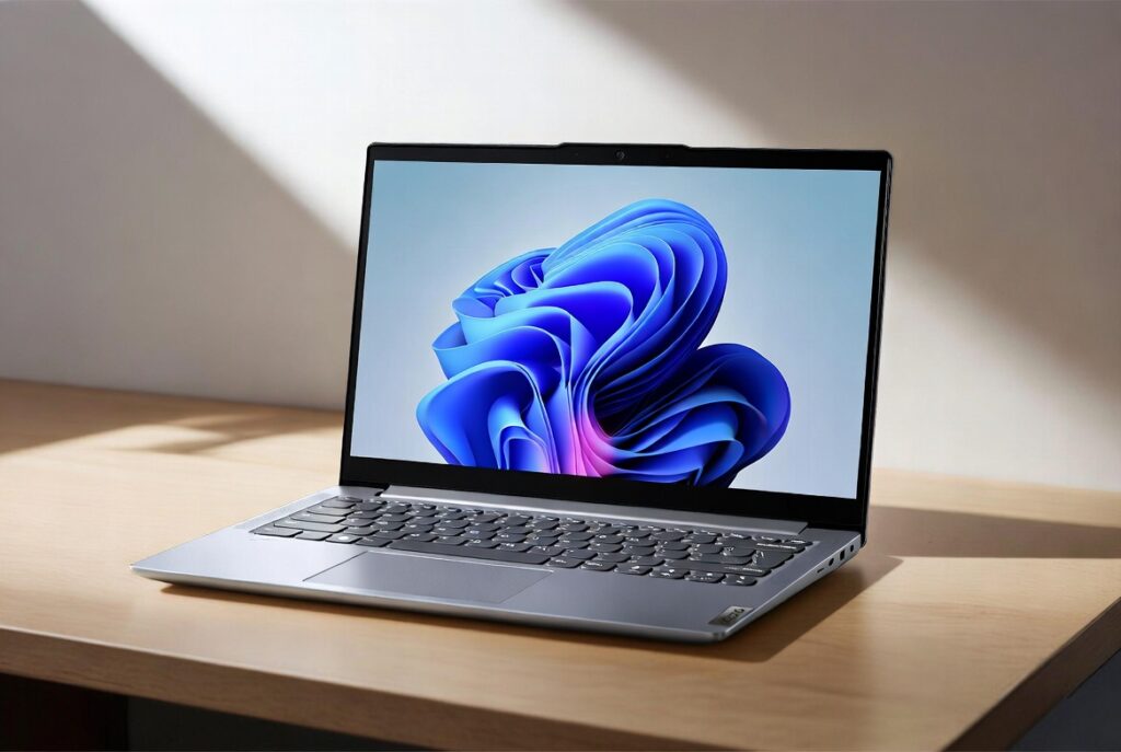 Lenovo IdeaPad 3 15.6-inch laptop open on a wooden desk, showing vibrant Windows 11 wallpaper, slim platinum grey chassis and modern design.