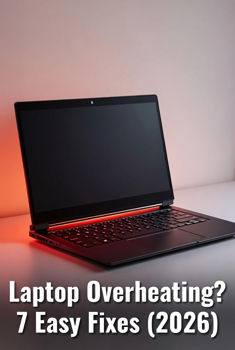 Dark laptop with red heat glow on desk showing overheating problem with text “Laptop Overheating? 7 Easy Fixes (2026)”