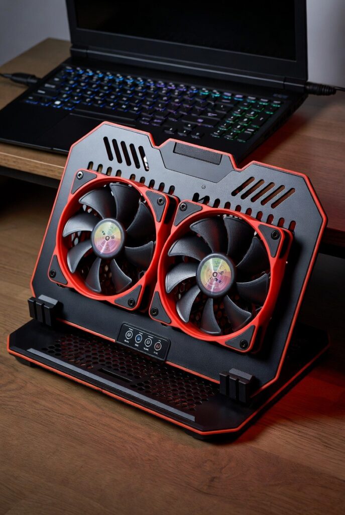 Aggressive red and black gaming laptop cooling pad with large dual fans and RGB lighting