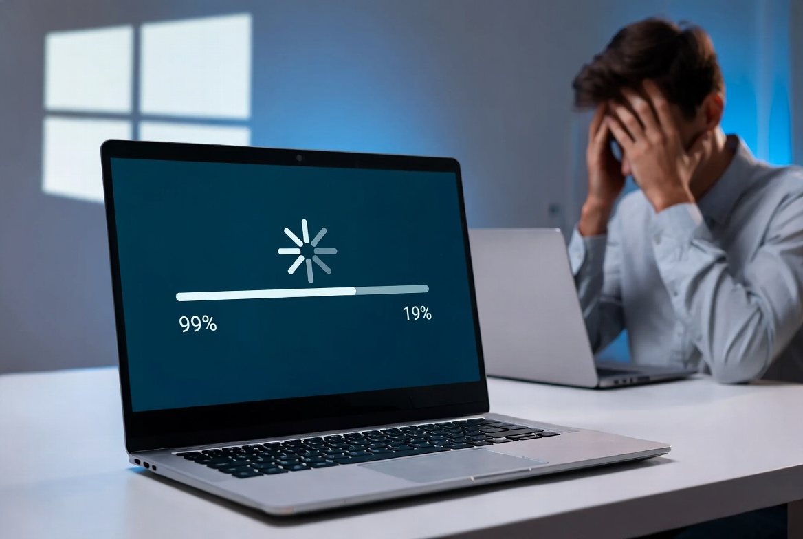 Frustrated person looking at a slow laptop with a stuck Windows update progress bar on the screen.