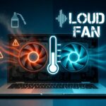 "Laptop fan loud noise problem - modern laptop with dusty overheating fan and sound waves versus clean cooling system with blue airflow, representing why laptop fans get loud and how to fix them"
