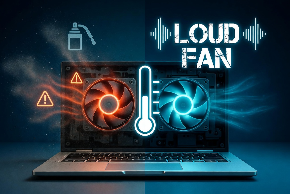 "Laptop fan loud noise problem - modern laptop with dusty overheating fan and sound waves versus clean cooling system with blue airflow, representing why laptop fans get loud and how to fix them"