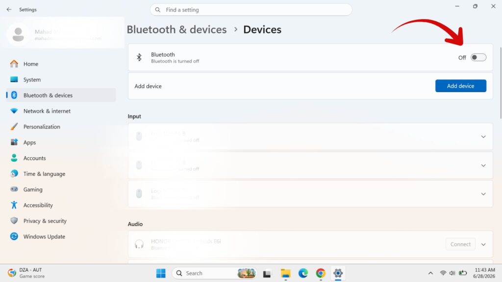 Windows 11 settings screen showing the Bluetooth toggle switch turned off, demonstrating why Bluetooth is missing or disabled.