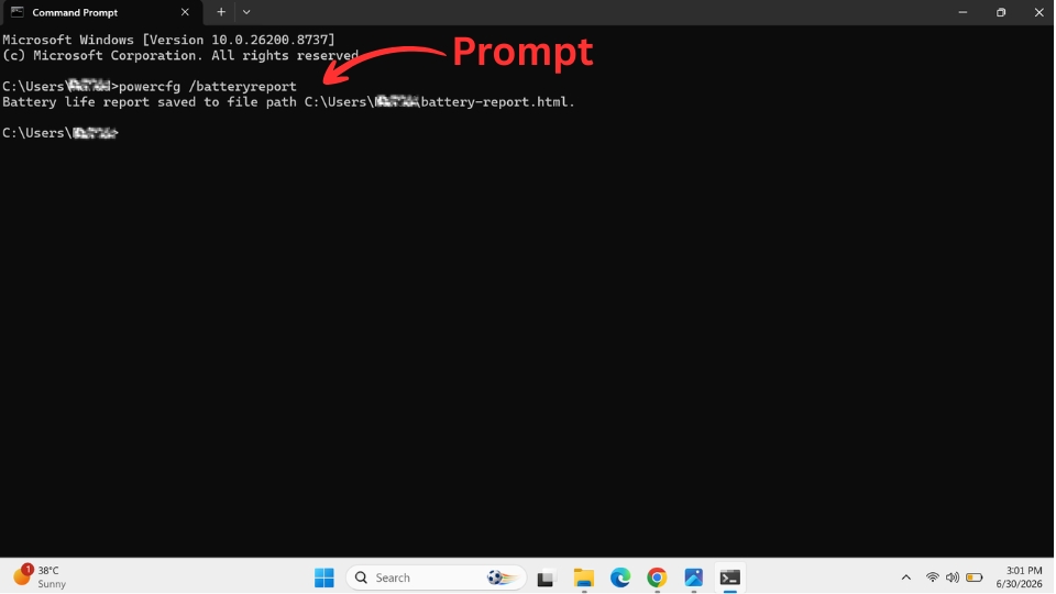 A Windows Command Prompt window showing the powercfg slash battery report command entered and a success message indicating the HTML report has been saved.