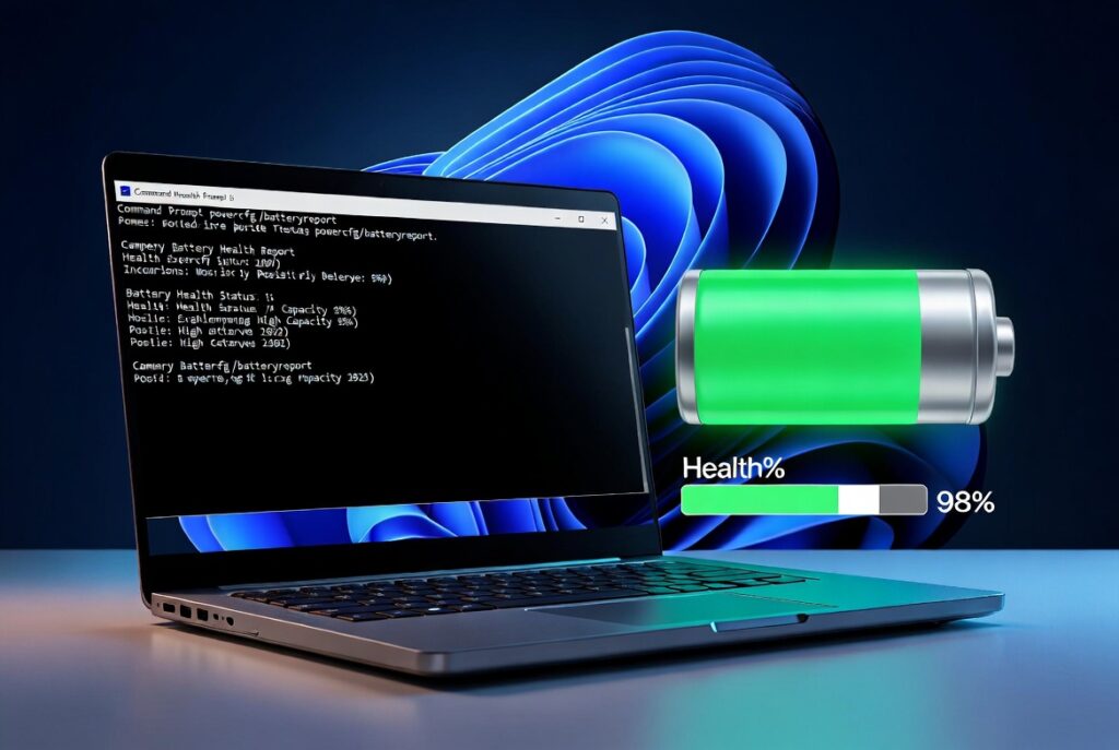 A laptop on a blue background displaying a terminal window with a battery health report, next to a large 3D green battery icon and a health progress bar at 98%.