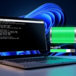 A laptop on a blue background displaying a terminal window with a battery health report, next to a large 3D green battery icon and a health progress bar at 98%.