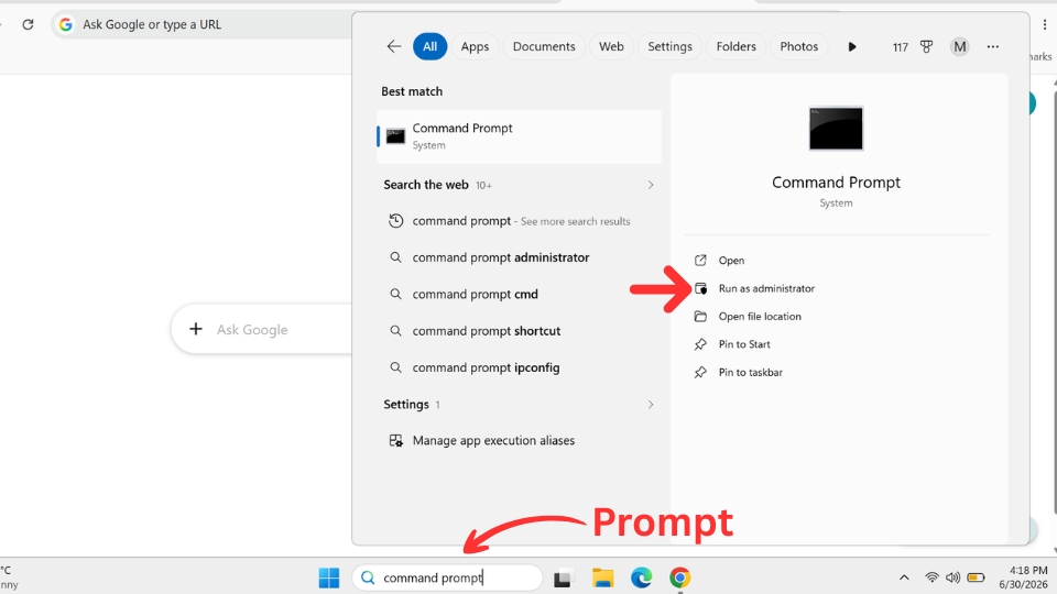 Windows 11 desktop showing a search for command prompt with a red arrow pointing to the Run as administrator option.