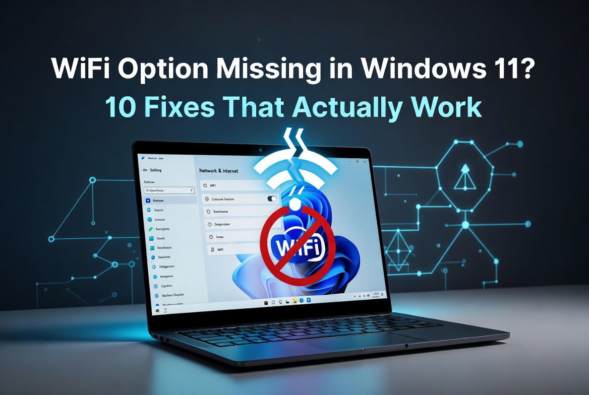 Modern laptop displaying Windows 11 Network & Internet settings with the WiFi option missing and marked by a red prohibition icon, representing troubleshooting for missing WiFi in Windows 11