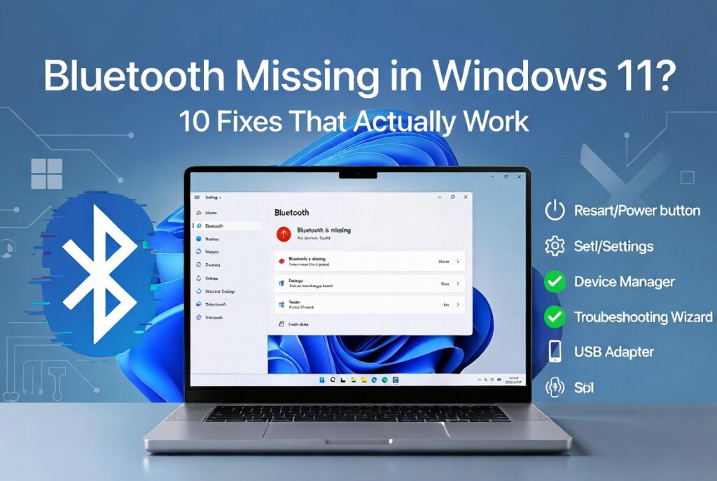 Bluetooth missing in Windows 11 showing Quick Settings without the Bluetooth option on a Windows laptop.