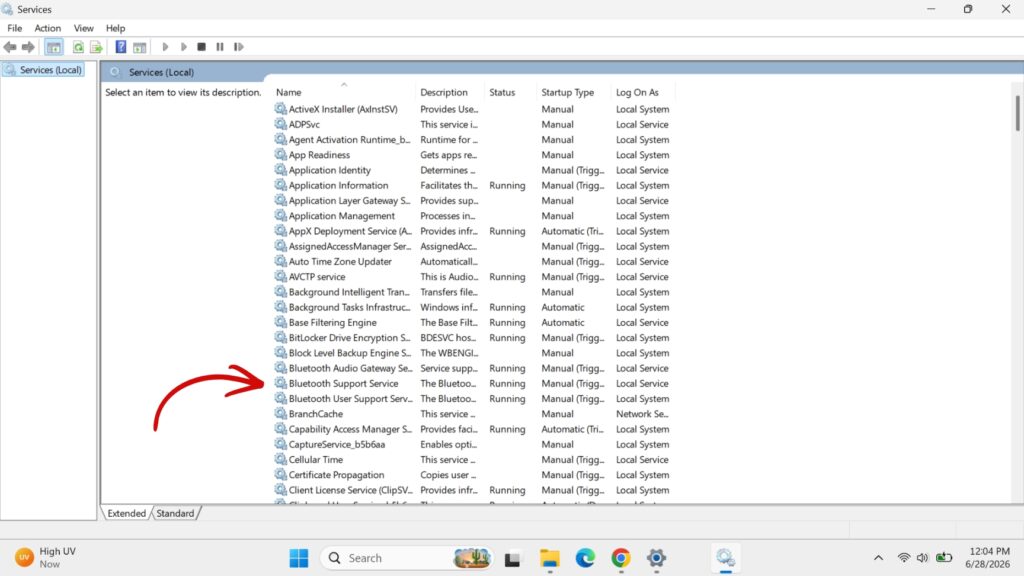 Windows Services management window with a red arrow pointing to Bluetooth Support Service to fix missing Bluetooth in Windows 11.
