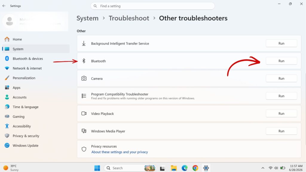 Windows 11 Other troubleshooters menu showing the Bluetooth option with arrows pointing to the Run button to fix missing Bluetooth.