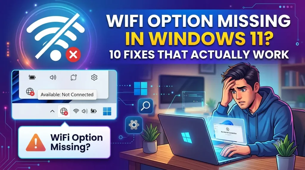 Illustration showing a frustrated user looking at a Windows 11 laptop with a missing WiFi icon and an internet connection error message.