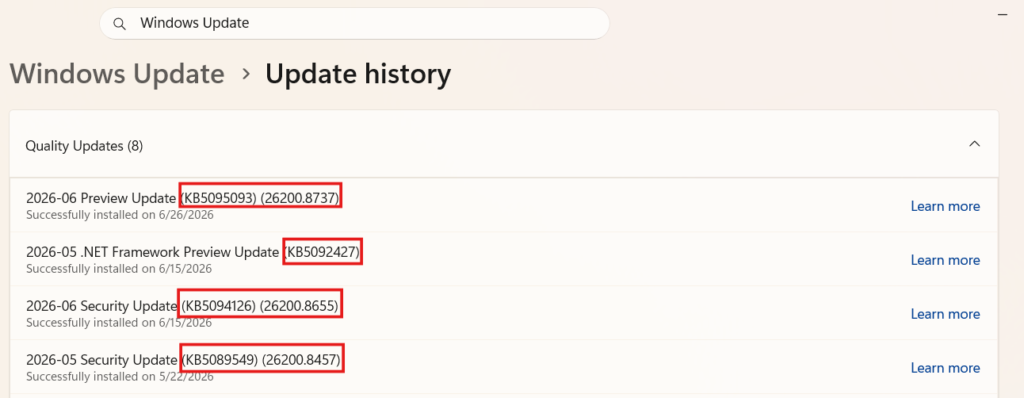 Screenshot of the Windows Update history screen under Quality Updates with several KB patch numbers highlighted inside red boxes.