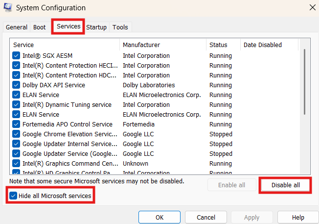 Screenshot of the Windows System Configuration Services tab with red boxes highlighting Services, Hide all Microsoft services, and Disable all.