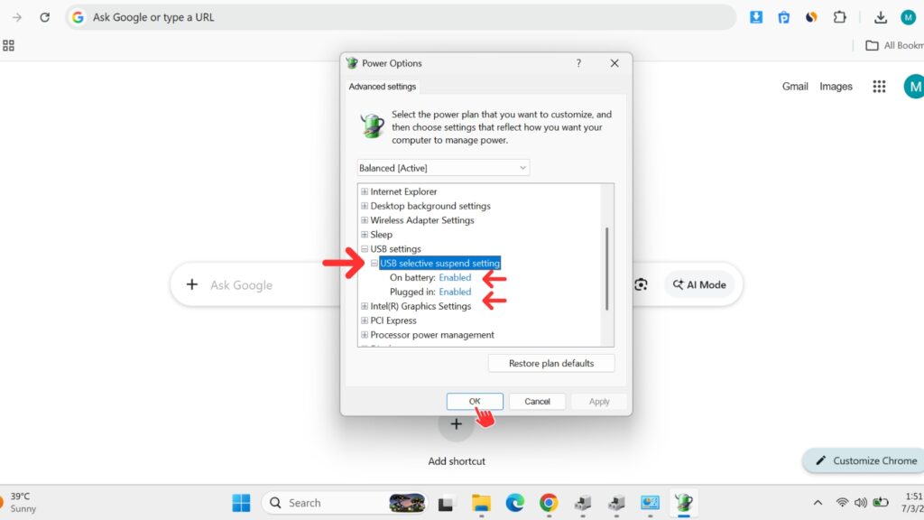 Windows Power Options dialog box with red arrows highlighting the USB selective suspend setting configuration options and the OK button.