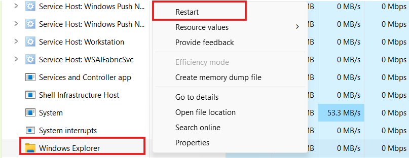 Screenshot of Windows Task Manager showing a right-click context menu over Windows Explorer with the Restart option highlighted in a red box.