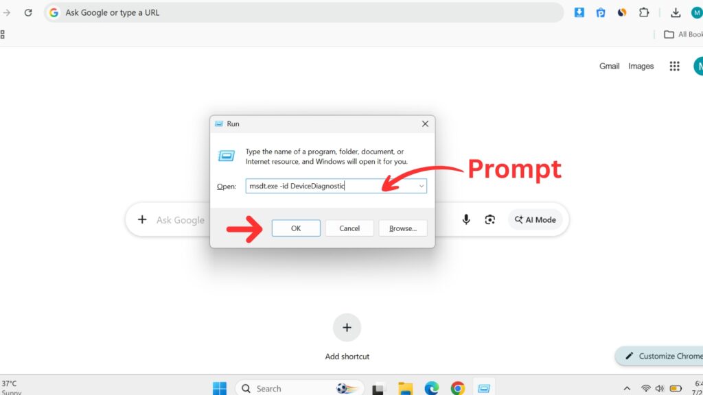 Windows Run dialog box with the command msdt.exe -id DeviceDiagnostic entered, with red arrows pointing to the prompt field and the OK button.