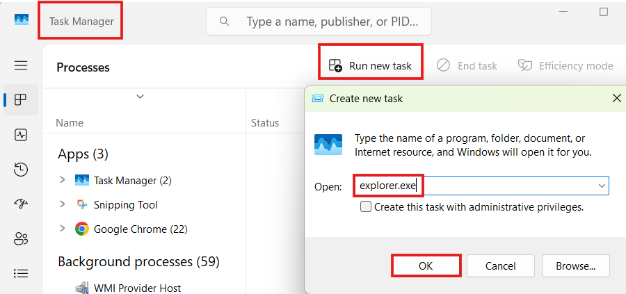 Screenshot of Windows Task Manager with the Create new task window open, showing explorer.exe typed into the Open field with the OK button highlighted.