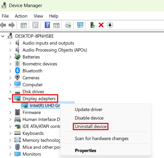 Windows Device Manager window with the Display adapters category expanded, showing a right-click context menu over Intel UHD Graphics with Uninstall device highlighted in a red box.