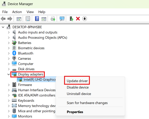 Windows Device Manager window showing the Display adapters section expanded with a right-click menu highlighting the Update driver option for Intel UHD Graphics.