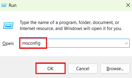 Windows Run dialog box showing msconfig typed in the Open field and the OK button highlighted in red boxes.