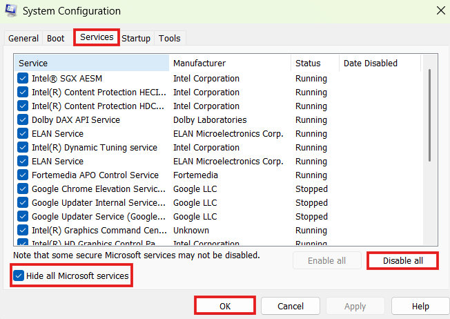 Windows System Configuration window inside the Services tab showing Hide all Microsoft services, Disable all, and OK highlighted in red boxes.