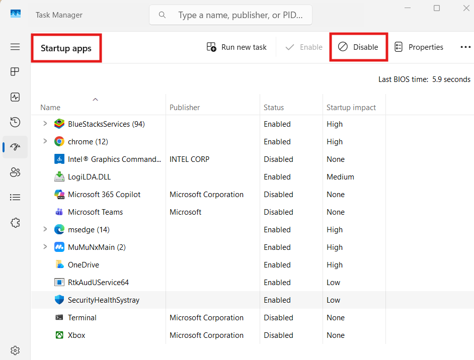 Screenshot of the Windows 11 Task Manager Startup apps tab showing a list of background programs and their startup impact levels.