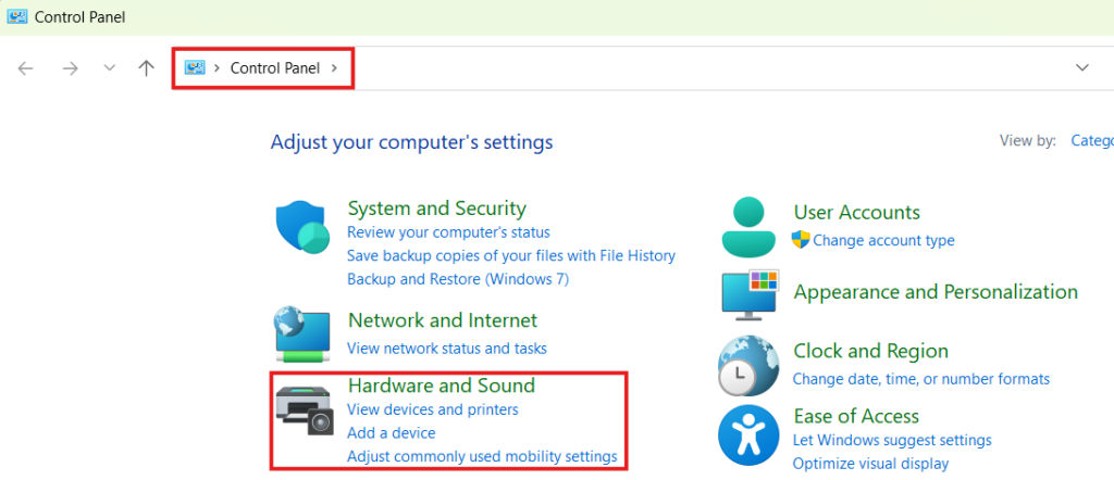 Windows Control Panel home screen with red boxes highlighting the address bar navigation path and the Hardware and Sound category link.