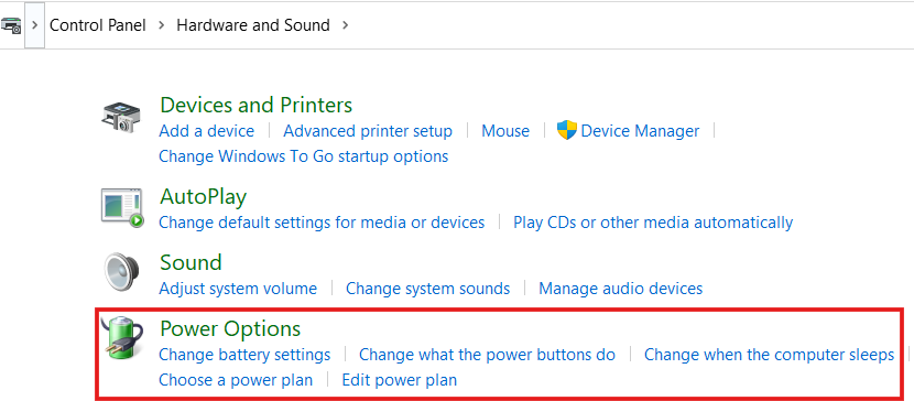 Windows Control Panel inside the Hardware and Sound menu, showing a large red box highlighting the Power Options section.