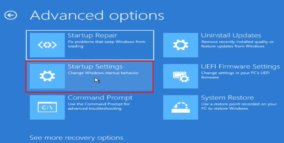 Windows Advanced options menu on a blue background, showing six recovery tiles with Startup Settings highlighted inside a red box.