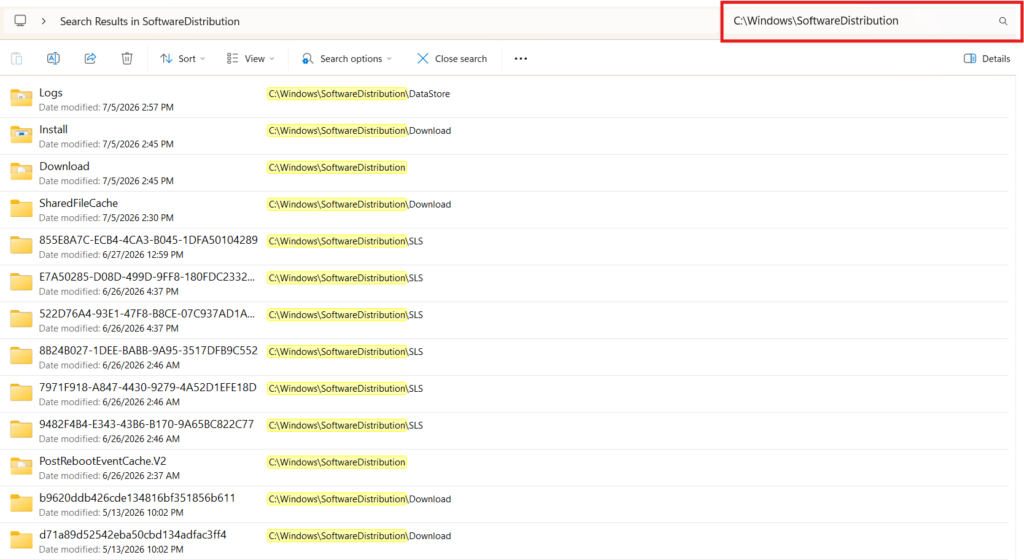 Screenshot of Windows File Explorer displaying search results within the C Windows SoftwareDistribution folder with the file path outlined in a red rectangle.