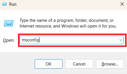 Screenshot of the Windows Run dialog box with msconfig typed into the input field and outlined in a red rectangle.